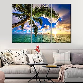 Hawaii Beach Wall Art - Beautiful Lanikai with Kailua Sunrise In Hawaii Canvas Pictures for Wall Sunrise Landscape 3 Panel Framed Painting for Bedroom