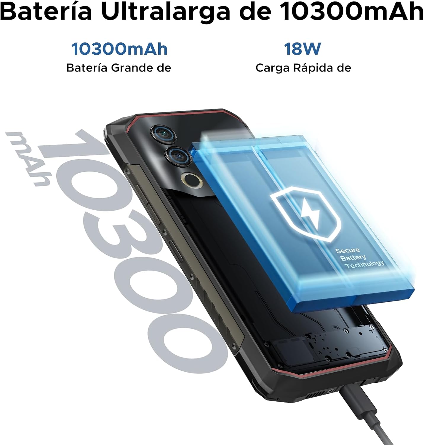 Illustration of the DOOGEE Blade10 Power's 10300mAh battery and 18W fast charging capability.