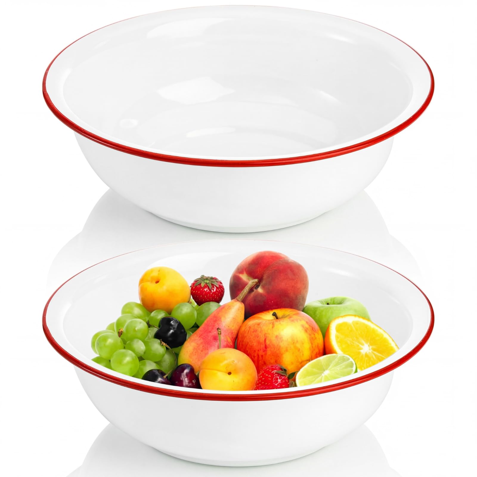 Elsjoy Set mit 2 Emaille-Schüsseln, 2,8 Liter große Emaille-Rührschüssel, weißes Emaillegeschirr mit rotem Rand, 28 cm Vintage Emaille Suppenbecken für Obst, Salat, Nudeln, Abendessen