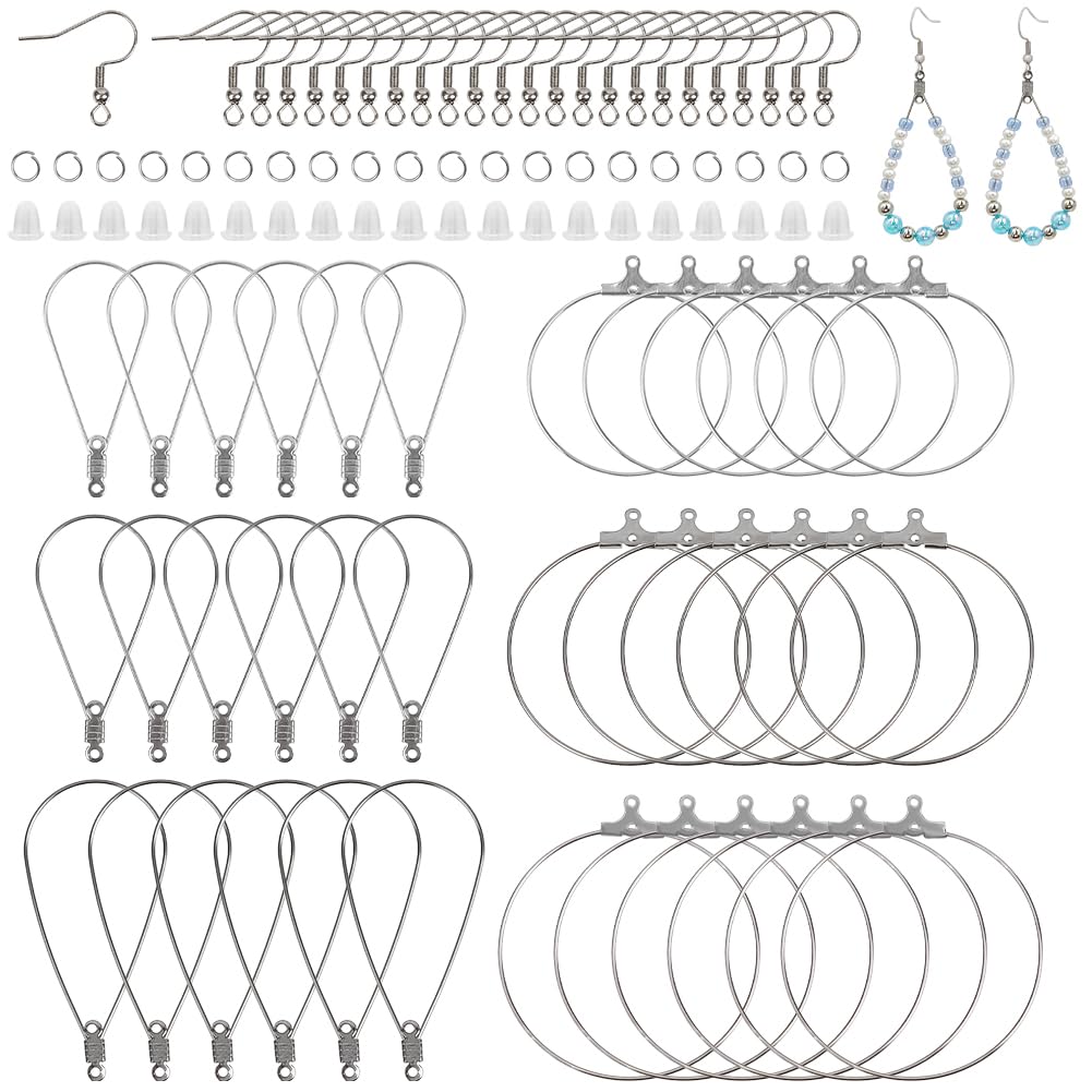 SUNNYCLUE 1 Box 360Pcs Earring Beading Hoop Set Earring Making Kit Stainless Steel 60Pcs Beading Hoop 100Pcs Hooks 100Pcs Jump Rings 100Pcs Ear Nuts