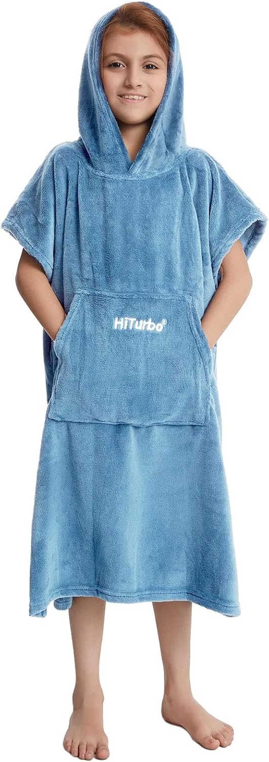 Hiturbo Kids Towel Changing Robe: Soft Plush Bath Towels - Warm Coral Fleece Hoodie - Swim Surf Poncho for 5-12 Years (Blue) - Image 2