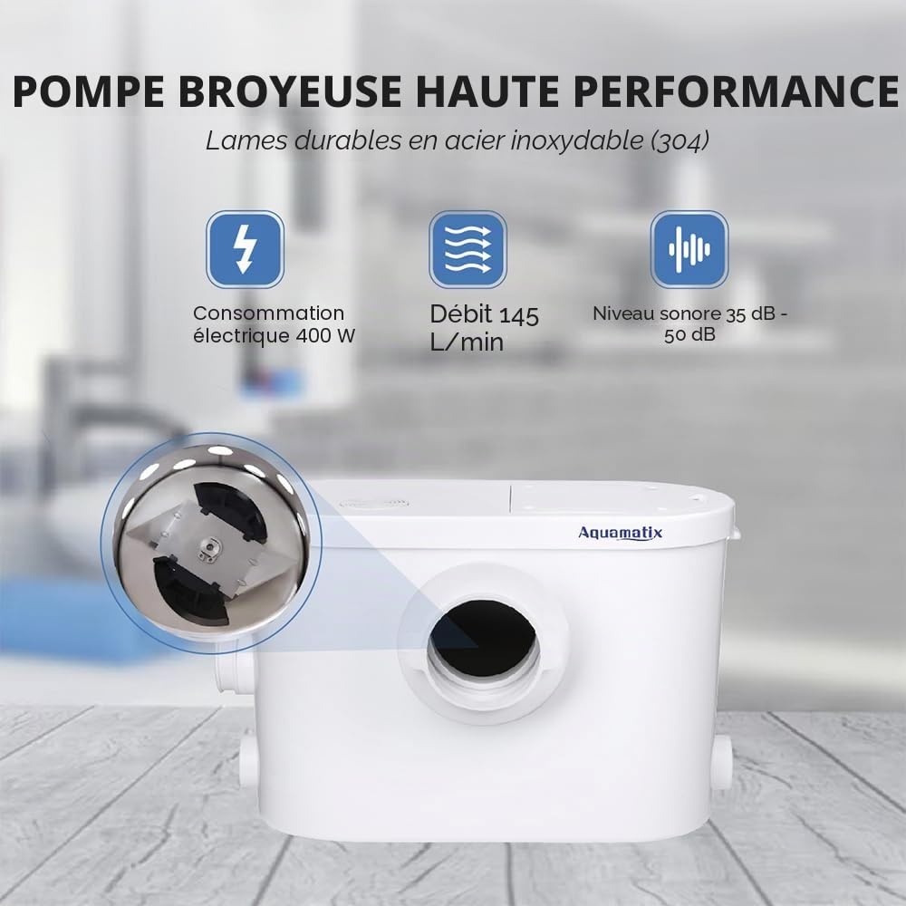 Aquamatix Silencio 3 Broyeur Sanitaire 400W Pompe de Relevage 145L/min Distance de pompage verticale de 8 m avec 3 entrées pour les toilettes, l'évier et la machine à laver, avec filtre à charbon