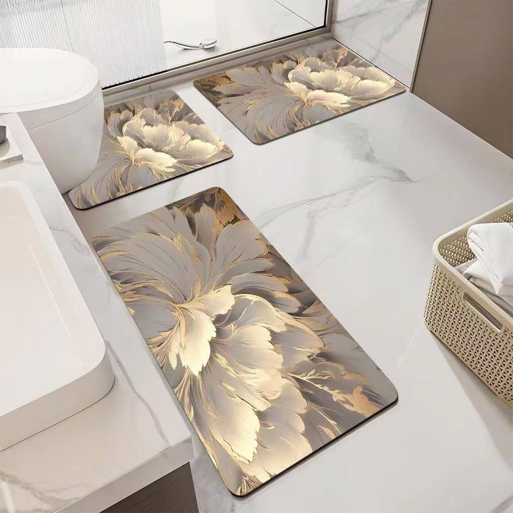 Tappeto Bagno Peonia Beige Dorato Tappeti Bagno 3 Pezzi Asciugatura Rapida Diatomite Facile da Pulire Doccia Antiscivolo Assorbente Set Tappeti 3 Pezzi