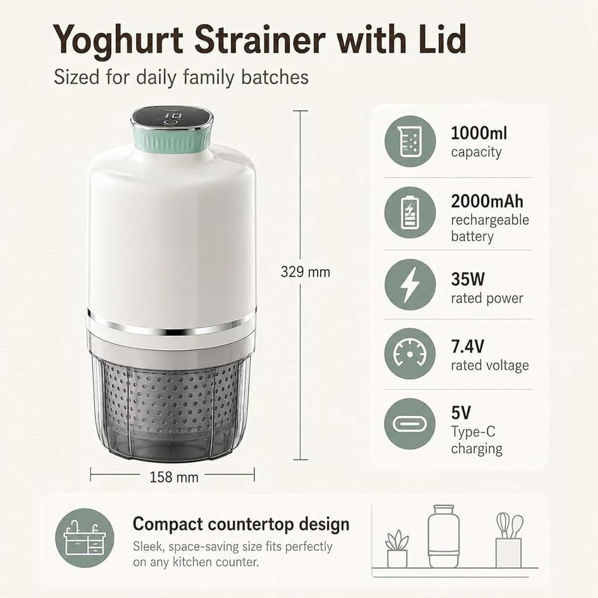 Passoire électrique pour yaourt et fromage 1000 ml, 2000 mAh, 3 modes, filtre 450 mesh pour yaourt grec