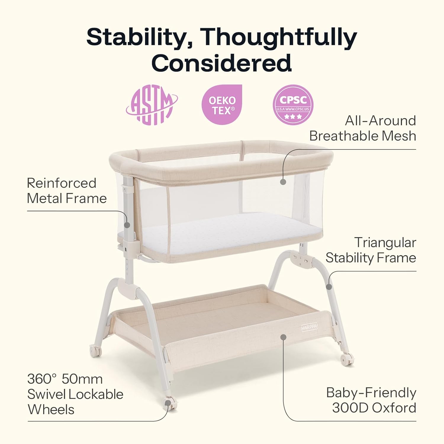HARPPA Cuddly Bassinet, 2 in 1 Baby Bassinet with Breathable Mesh and Mattress, 6 Height Adjustable, Bedside Sleeper with Anchor Strap, Storage Basket and Wheels, Sand Cream