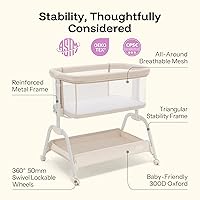 Vista 5 de HARPPA Moisés de bebé 2 en 1 con malla transpirable y colchón, 6 alturas ajustables, cama de noche con correa de anclaje, cesta de almacenamiento