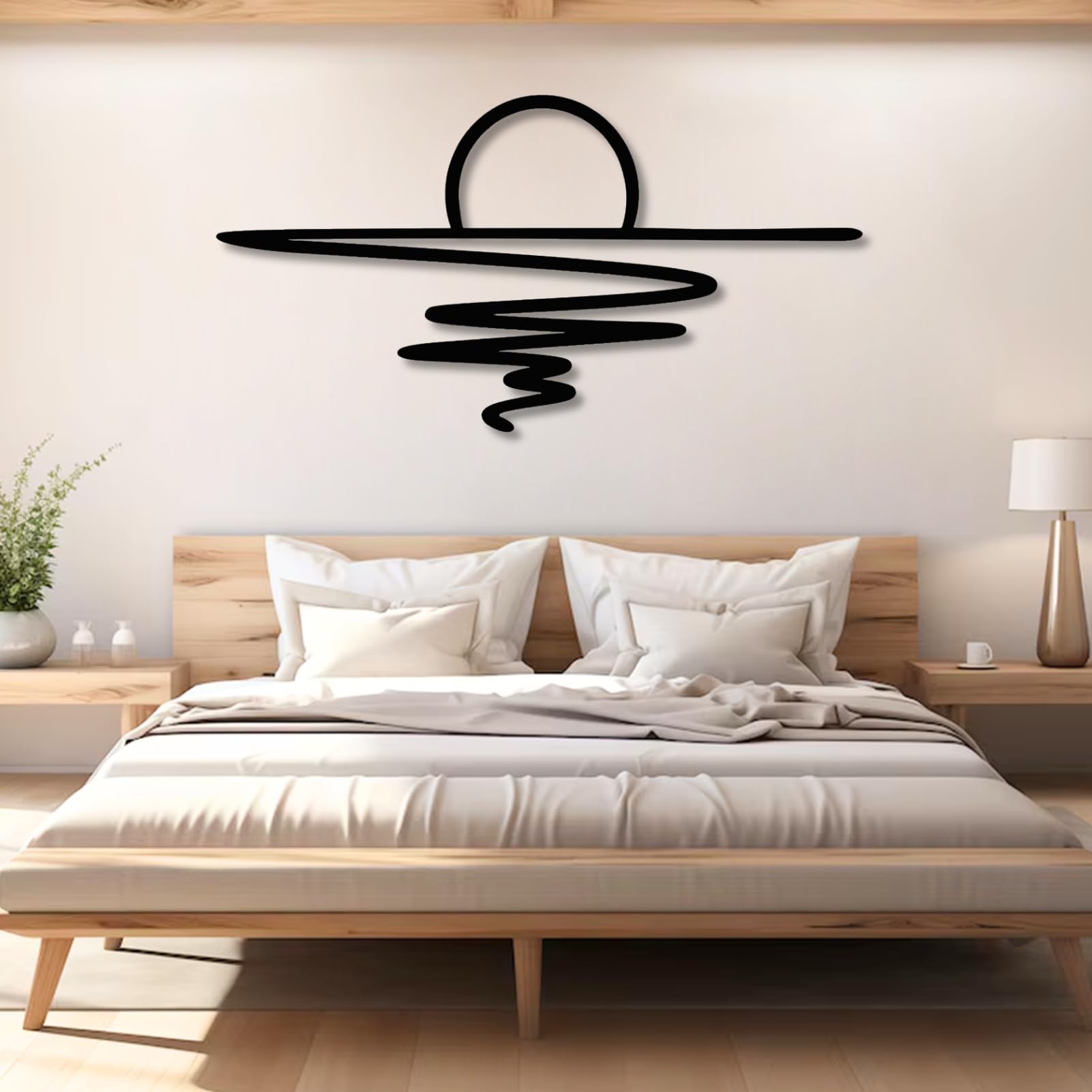 Décoration Murale en métal Noir Scintillant « Soleil et mer Scintillants », Sculpture Moderne « Lever de Soleil et mer Scintillants » pour Salon, Chambre, Couloir et escalier (Blanc 74 x 38