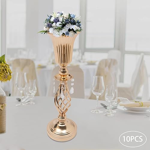 Miniatura 2 de 10 centros de mesa de boda de metal altos para mesas de recepción, soporte de jarrón dorado para flores, jarrón de flores de 20 pulgadas de alto
