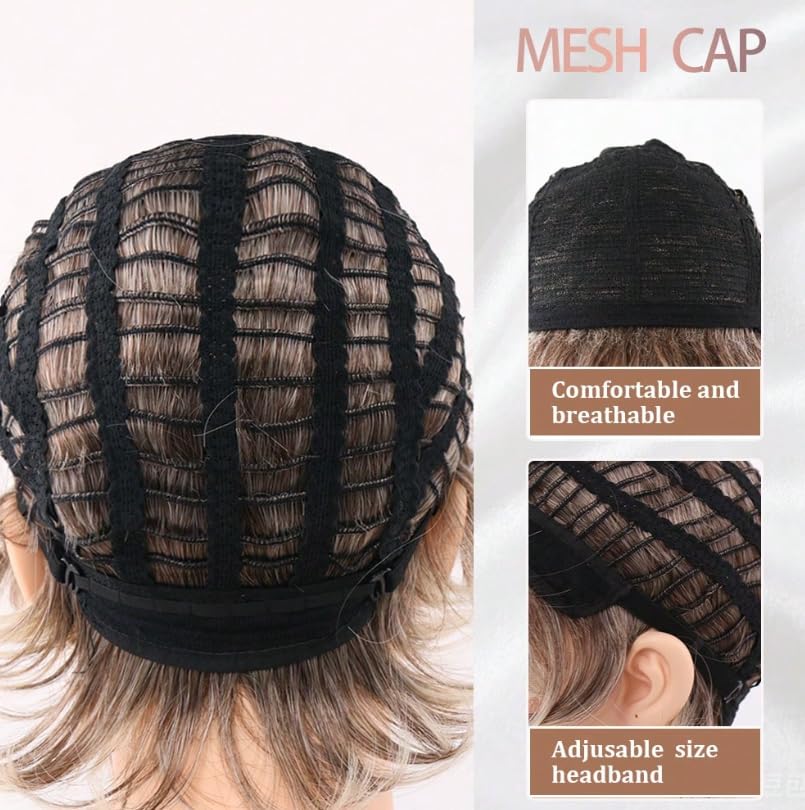 Image of Layered Short Blonde Pixie Wigs for White Women Dark Brown Ombre Blonde Pixie Cut Wig with Bangs for Daily Party Wig