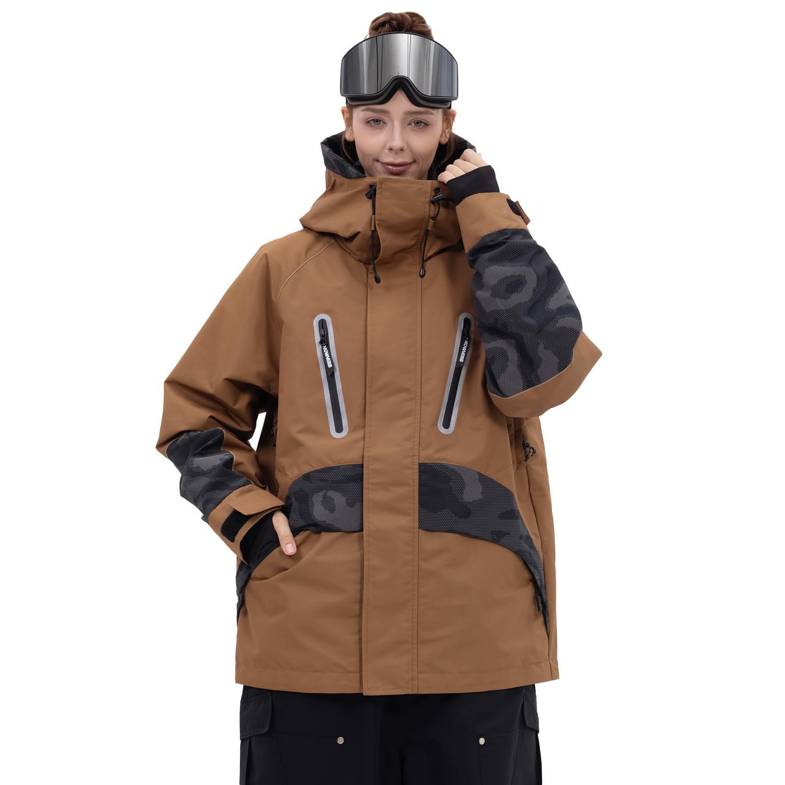 Photo 1 of SNOWVERB Womens Glow Reflective Camo Snow Jackets Waterproof Insulated Warm Ski Coats Snowboard Mountain Jackets with Hood (US, Alpha, Medium, Regular, Regular, Brown)