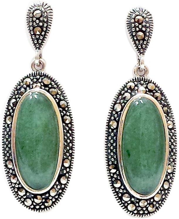 SILVER EMPIRE Fine Jewelry | 925 Sterling Silver Oval Shaped | New Jade with Marcasite Dangle Earrings Gemstone | Fancy Fine Jewelry Gifts for Women for Her