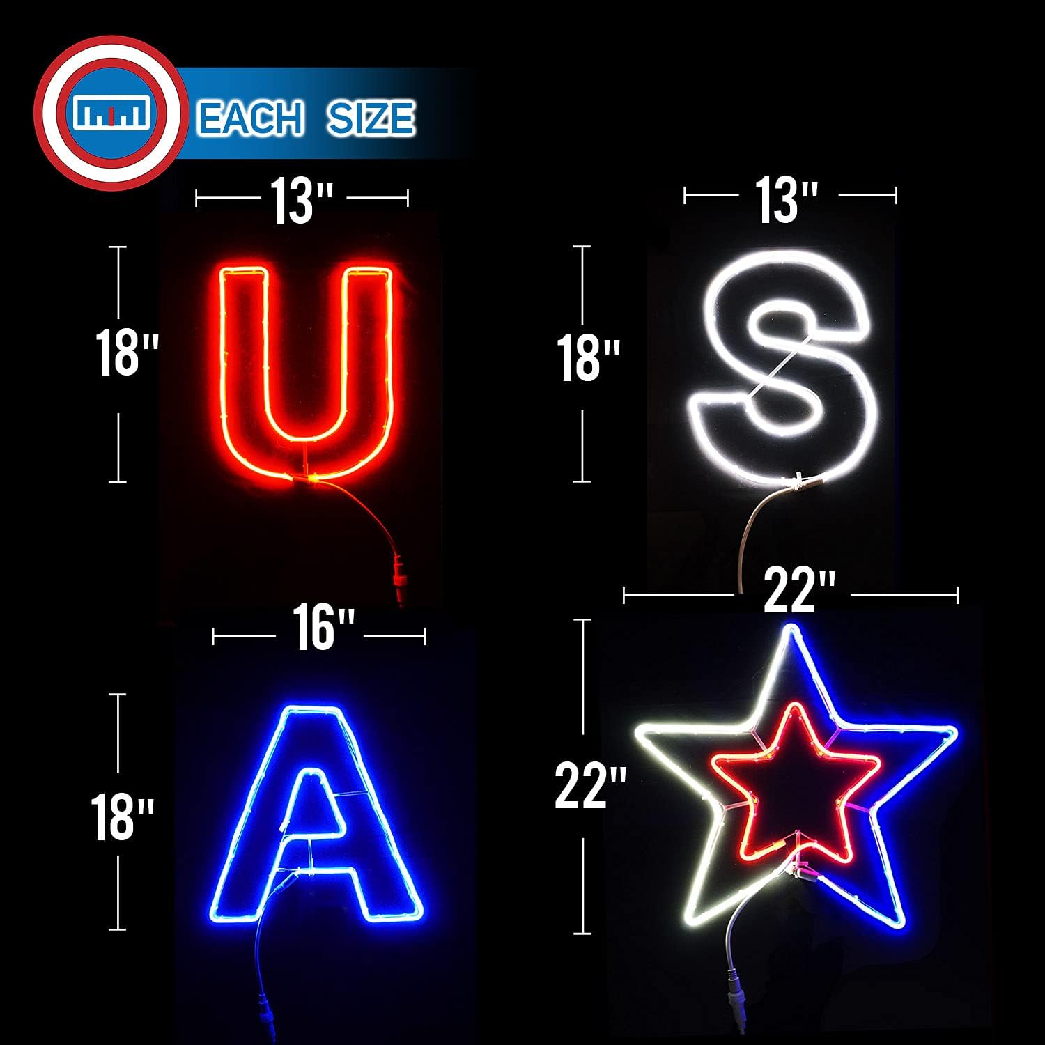Russell Decor USA Patriotic Yard Sign Liights Star with 4-Level Dimmable Controller Waterproof Outdoor lights Red White Blue (6 ft x 2 ft)