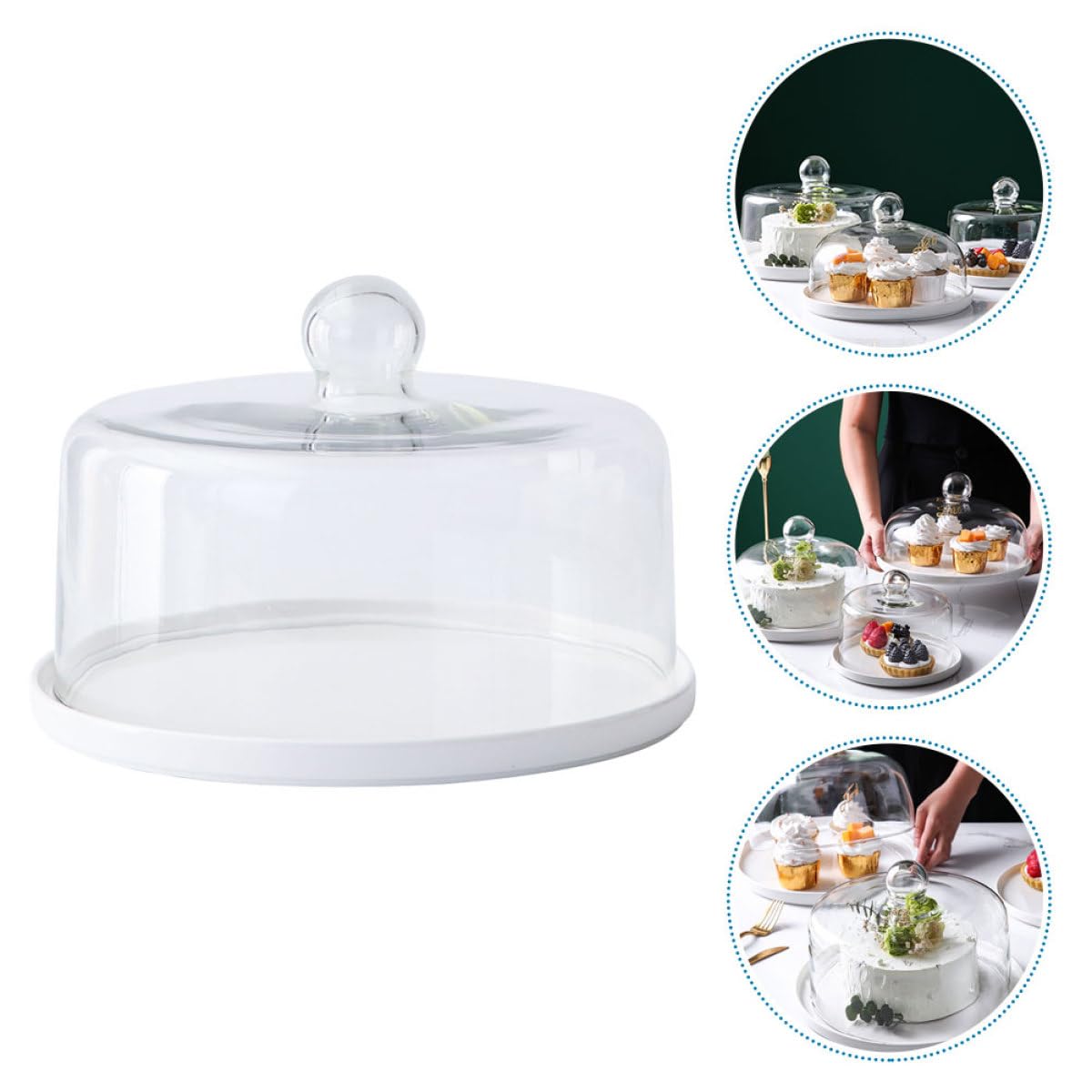 1pièce Plateau à Gâteau Céramique Blanche avec Couvercle Verre Transparent Protection Anti-poussière pour Présentation et Conservation de Desserts Lors de Fêtes et Mariages
