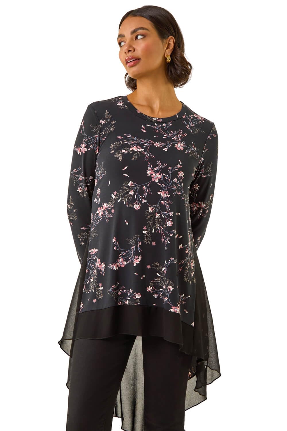 Roman Women's Pink Floral Chiffon Hem Tunic Top Size 20