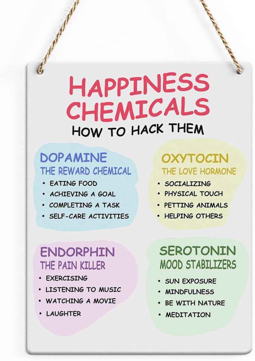 Cartello decorativo in legno rustico con scritta Happiness Chemicals, con citazione colorata sulla salute mentale stampata da parete, cartello da appendere alla porta, cartello in legno per terapia