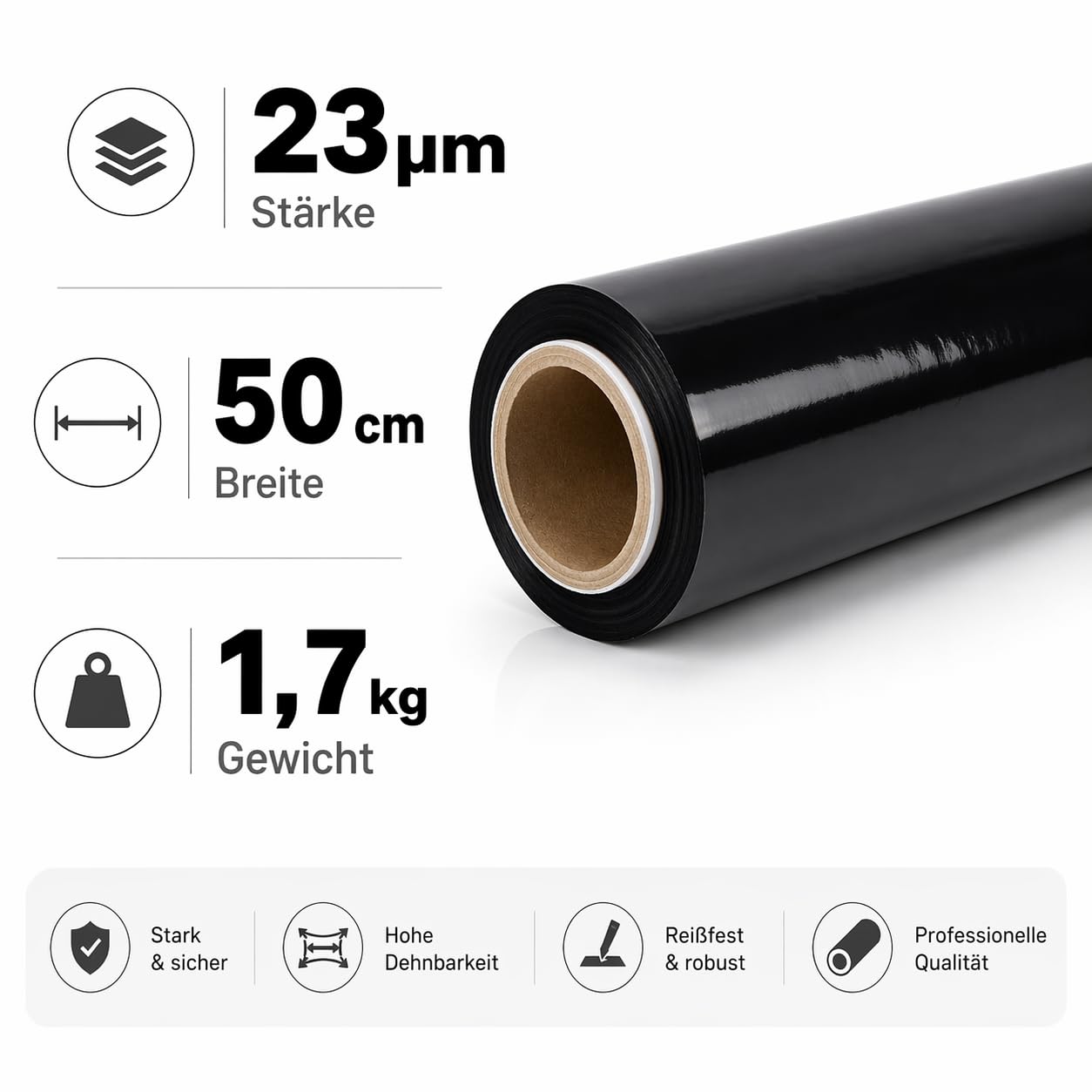 Stretchfolie Schwarz 23 µm 50 cm x 230 m 6 Rollen Handstretchfolie Palettenfolie Verpackungsfolie