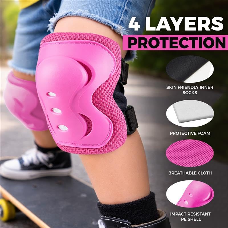 Image of Jaspo Skate Mate Protective Skating Kit for Kids - Helmet with Adjuster, Knee Elbow Pads & Wrist Guards, Safety Gear Set for Skating, Cycling & Skateboarding (Pink, Large)