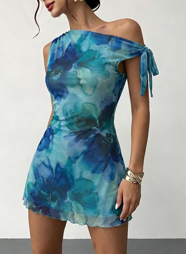 Acelitt Women One Shoulder Mesh Mini Dress Summer Fashion 2026 Sleeveless Ruched Bodycon Cocktail Party Floral Dresses Blue Medium by Acelitt - Used condition - Image 4