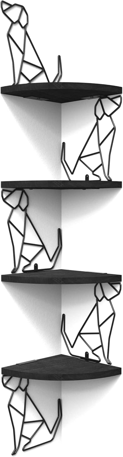 Alsonerbay Black Corner Shelf Wall Mount, 4 Tier Floating Shelves for Wall Storage, Rustic Wall Shelves Wood Shelves for Bedroom, Living Room, Bathroom, Entryway, Garage (Dog Shaped)