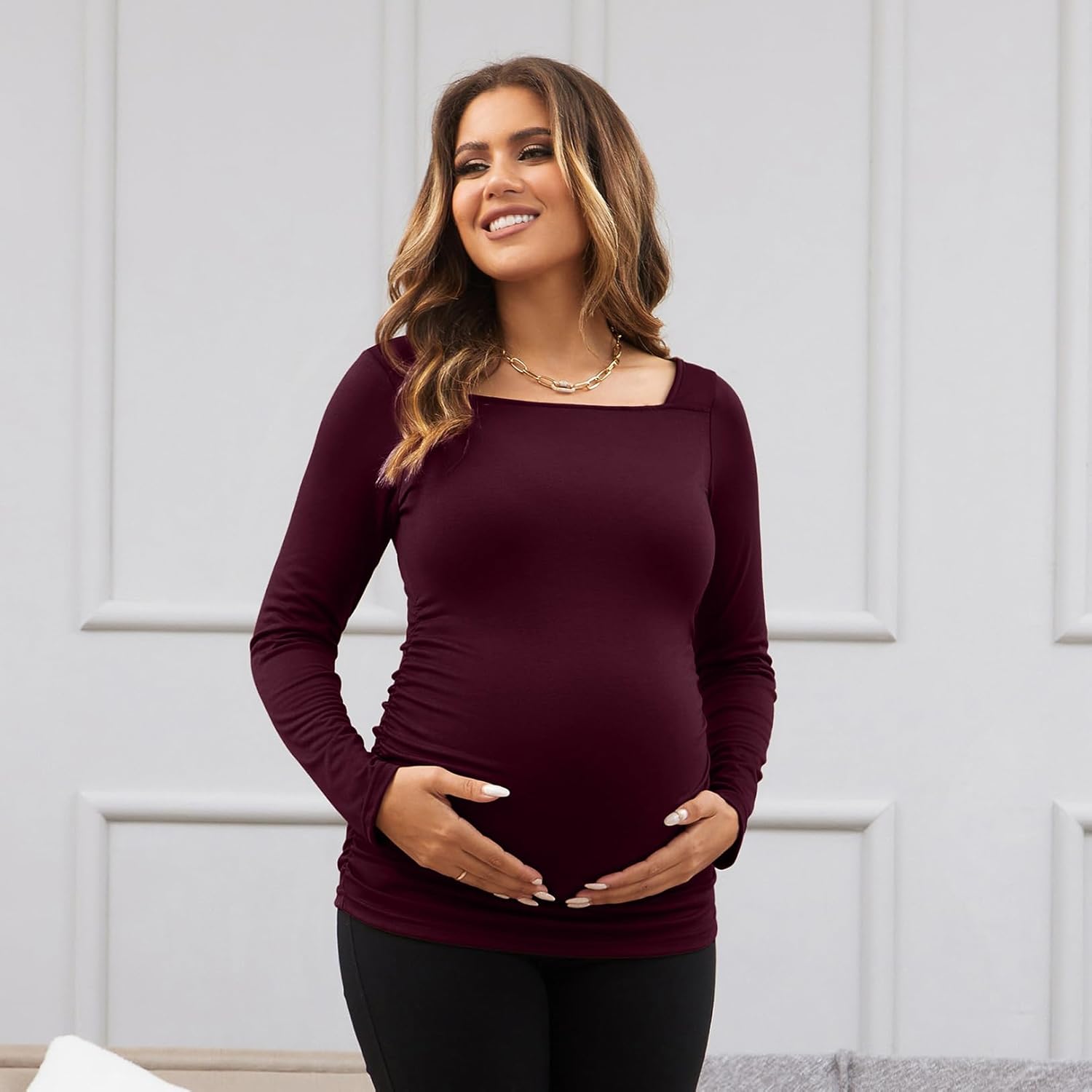 GINKANA Maternity Shirts Square Neck Slim Fit Tee Top Pregnancy Basic Long Sleeve Shirt for Daily Wear - Image 6
