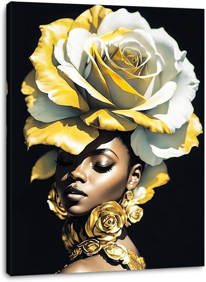 daktenn Canvas Wall Art African American Women Wall Decor Black Woman Yellow Hair Beauty Abstract Painting Canvas Prints Living Room Bedroom Bathroom Home Decoration African Wall Art,24x32 Inches