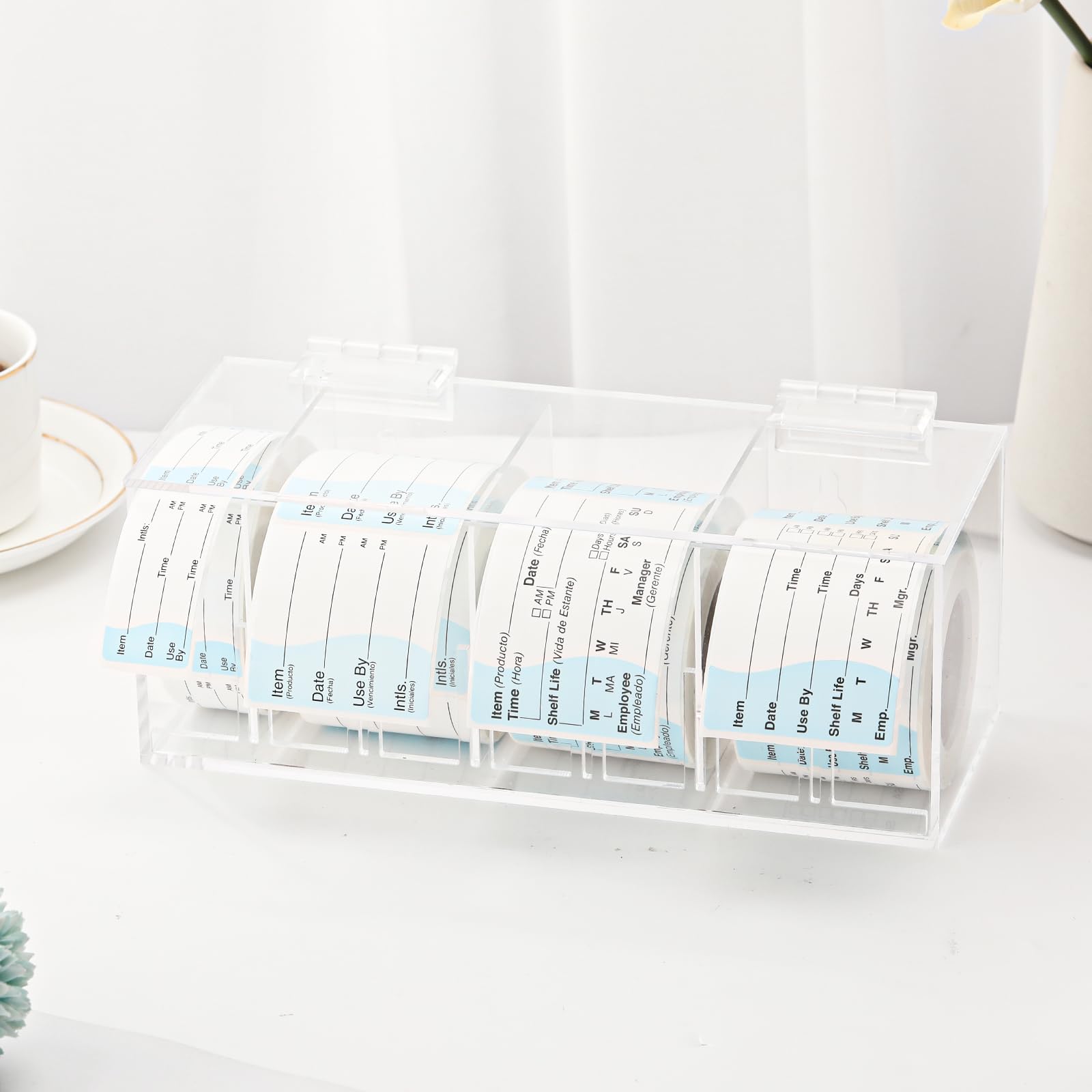 Dispenser di etichette alimentari solubile Supporto per etichette adesive Supporto per rotolo adesivo impermeabile Dispenser regolabile per adesivi per data Adesivi settimanali Etichetta mese