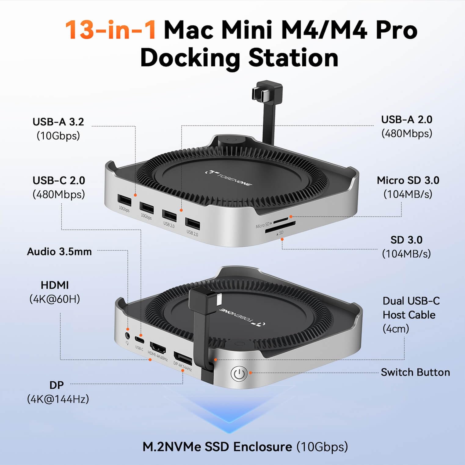 TobenONE 13-in-1 Mac mini M4 Dock with 8TB SSD Enclosure, Mac mini M4 Hub Stand for Mac mini M4/M4 Pro 2024, 4K@144Hz DP, 4K@60Hz HDMI, 5 USB (Max 10Gbps), SD/Micro SD, Audio, One-Touch Power Button — view 2