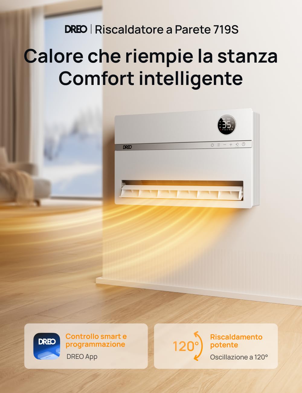 Dreo Radiateur mural intelligent, chauffage électrique pour chambre, oscillation verticale 120°, thermostat réglable, télécommande, minuterie 24h, installation facile, compatible Alexa, WH719S