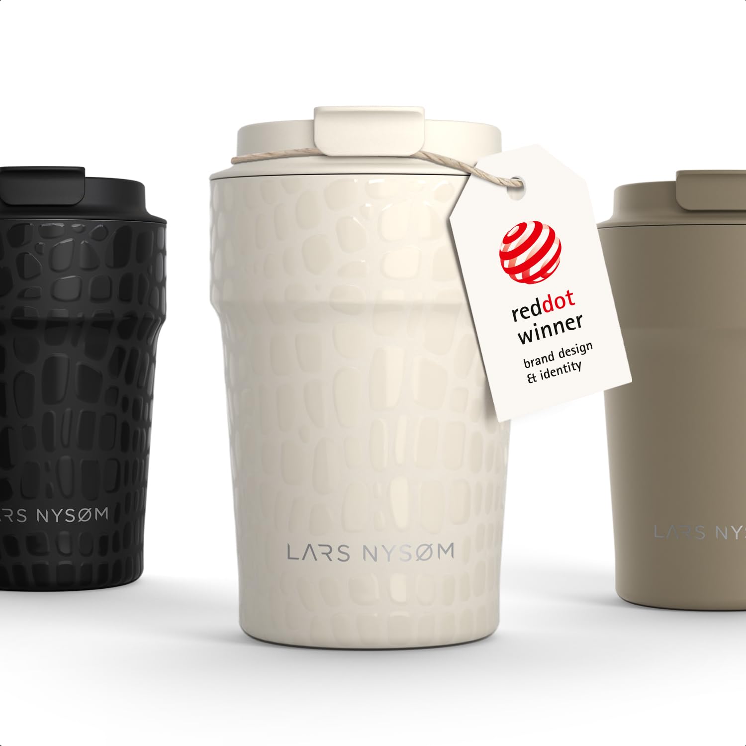 LARS NYSØM Thermo Coffee Mug-to-go 13oz | Travel Mug 0.38 L with Insulation | Silicone Grip Base | Leak Proof Stainless Steel Tumbler for Coffee and Tea on the Go (Beige, 380ml)