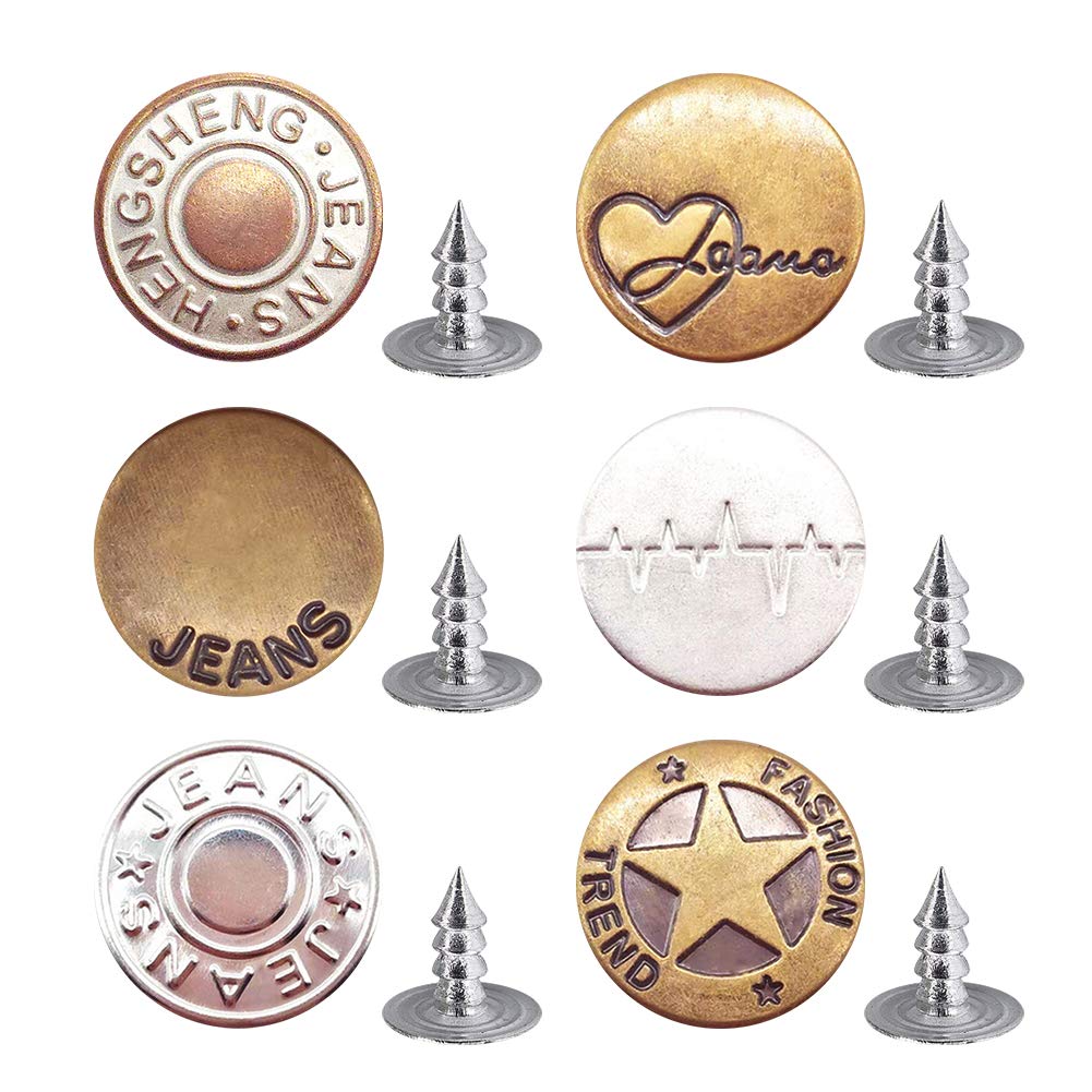 SMEKHOXO Button Pins for Jeans, 6 PCS Replacement Jean Button for Pants Fashion Jeans Swing Crafts DIY,Easy to Use,Metal Button Snap Buttons Replacement Kit