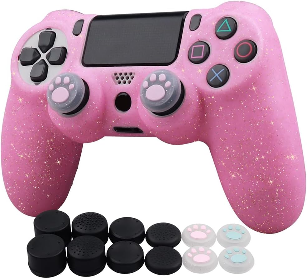 Ralan Controller Skin for PS4 Slim/Pro - Glitter Anti-Slip Silicone Cover with 4 Cat Paw Thumb Grip Caps & Black Pro Thumb Grip x 8