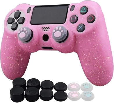 Ralan Controller Skin for PS4 Slim/Pro - Glitter Anti-Slip Silicone Cover with 4 Cat Paw Thumb Grip Caps & Black Pro Thumb Grip x 8