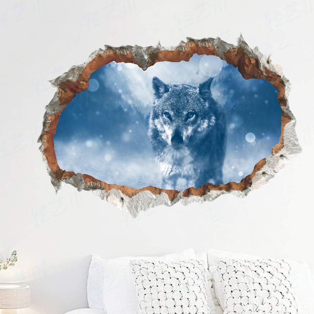 Quaanti 3D Broken Wall Hole Wall Stickers for Office Living Room Bedroom Home Decoration DIY Animal Wolf Scenery Mural Art Decals (Multicolor)