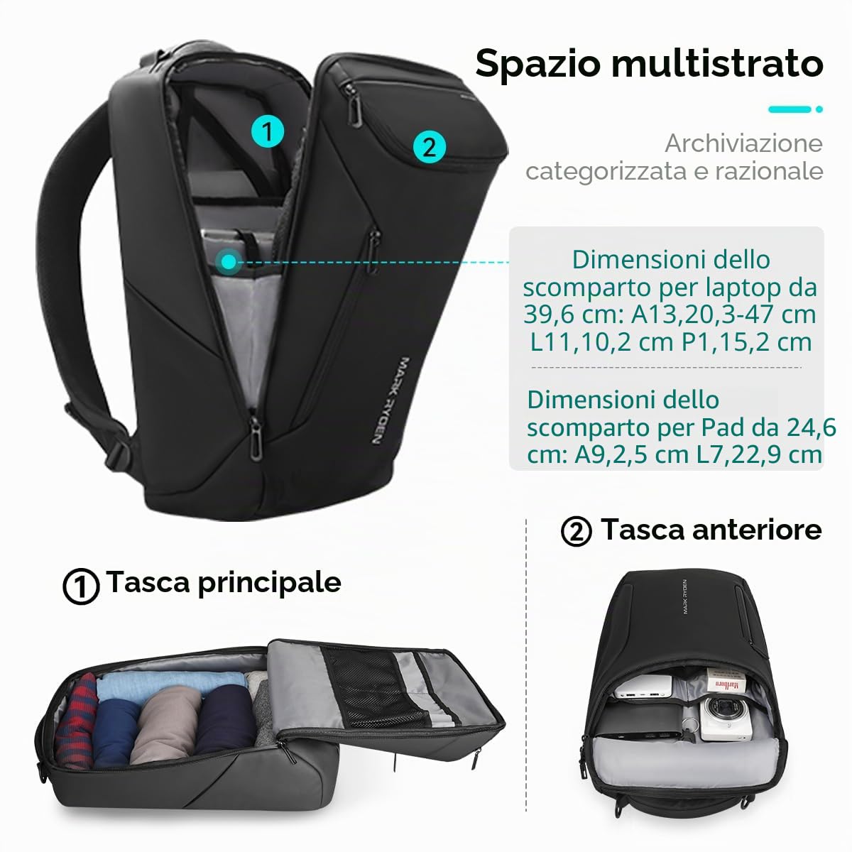 MARK RYDEN Zaino Grande capacità e impermeabile per gli uomini d'affari con porta di ricarica USB per i viaggi scolastici pack escursionismo per laptop sotto i 17,3 pollici