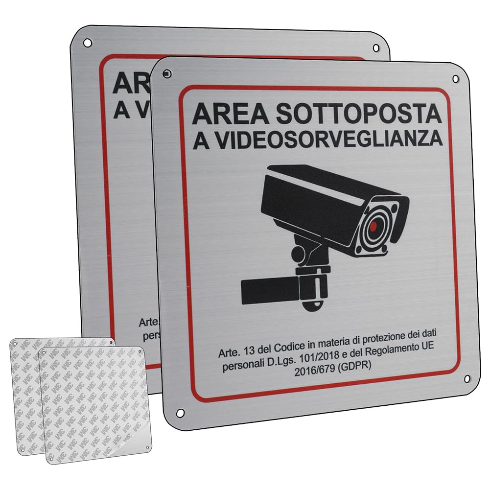 Flintronic 2 carteles de área de videovigilancia de aluminio, 15 x 15 cm | Cartel de metal con aviso GDPR, con adhesivo 3M y agujeros perforados, para casa y tienda, interior y exterior