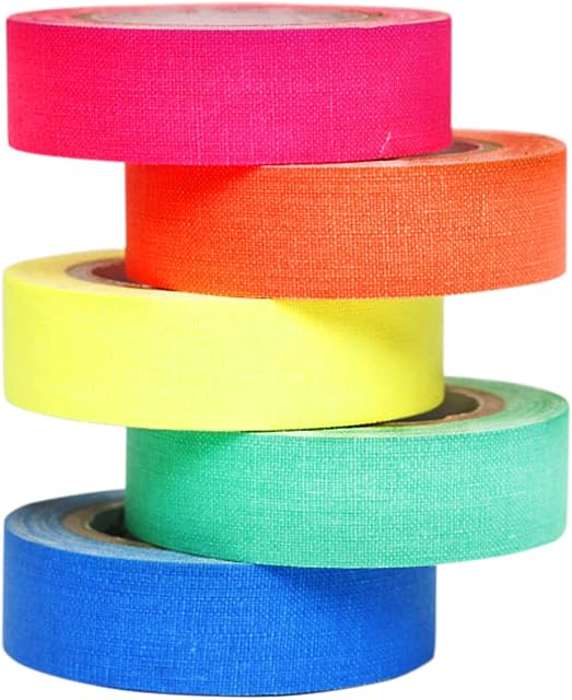 5 Colors Fluorescent Gaffer Cloth Tape 5 Pieces UV Blacklight Reactive Glow Neon tape in The Dark for Stage, Glow Parties, Halloween Decorations, 5m x12.7mm