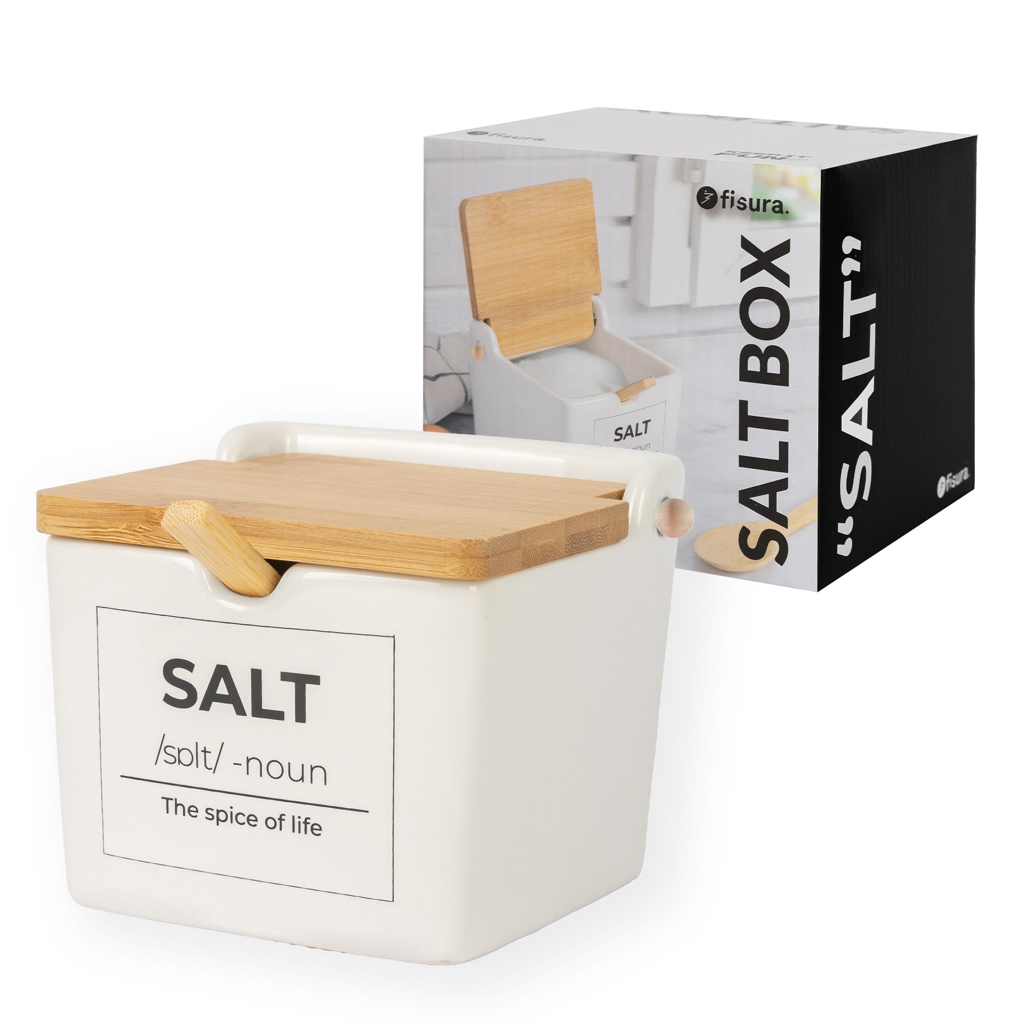 Fisura - Ceramic Salt Cellar Jar with Lid & Spoon, Square Salt Container, Kitchen Storage for Salt, Sugar or Spices, White Design, Salt Pig Style