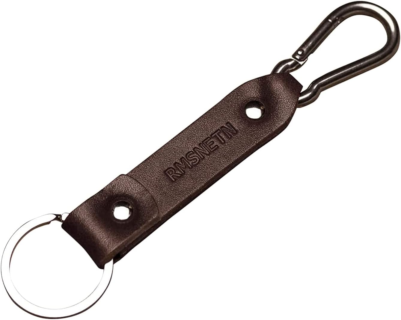 Brown leather key chain, stainless steel carabiner hook, custom text, initials ring, monogrammed keychain, boyfriend fob holder clip keyring engraved personalized groomsmen gift
