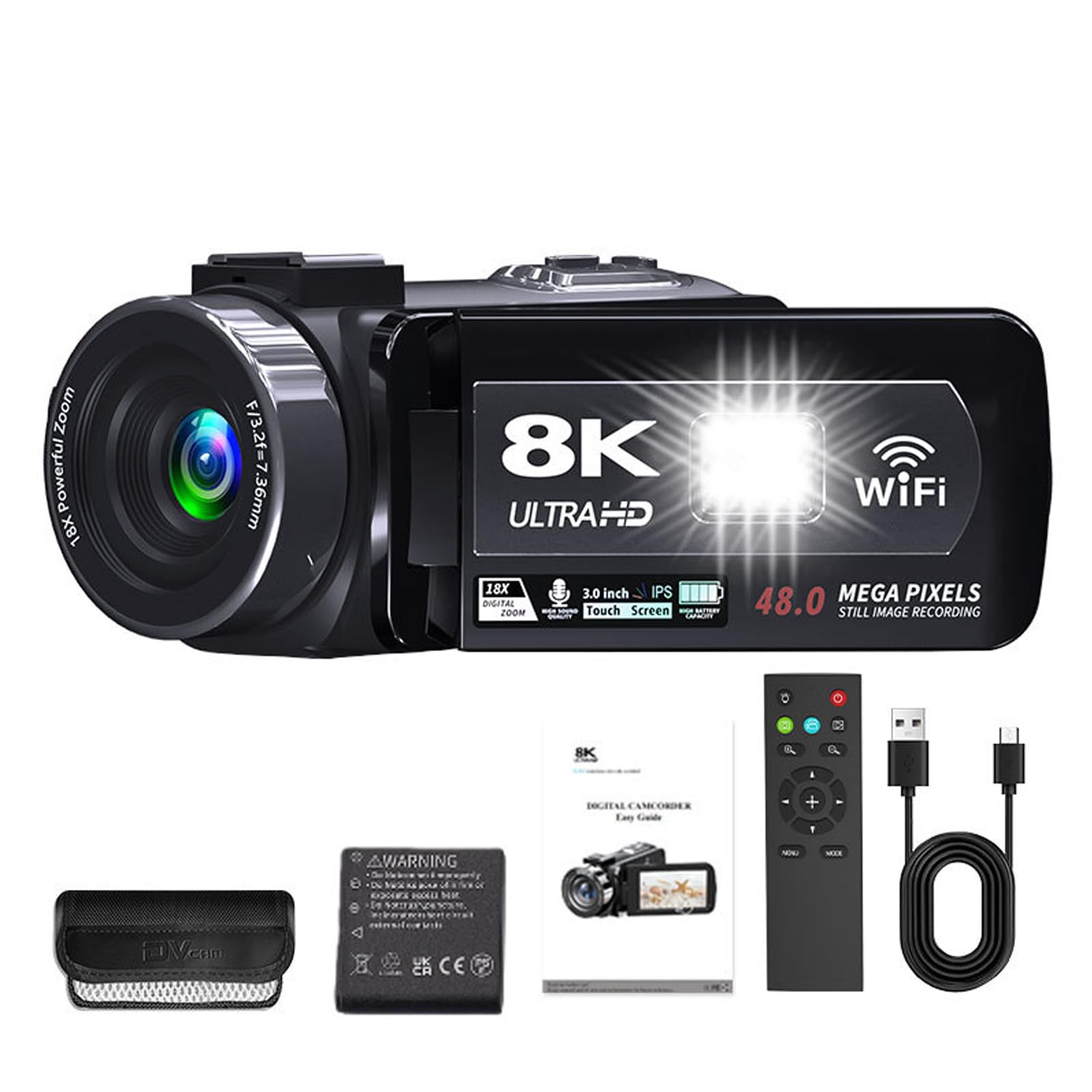 Videocámara con Cámara de Vídeo 8K, Zoom Digital de 18X, Pantalla Táctil de 3" con Visión Nocturna por Infrarrojos, Cámara Vlogging de 64MP, CámaraWeb WiFi, Control Remoto, Batería