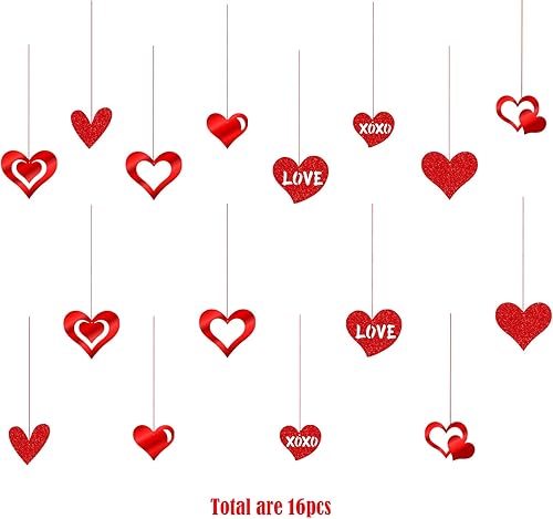 Miniatura 2 de SMENGGIL Adornos colgantes de corazones rojos, guirnalda de corazones rojos para decoración del día de San Valentín, boda, compromiso, despedida de