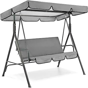 Gray Swing Chair Canopy and Cushion Replacement Set for 3 Seater Outdoor Patio Garden