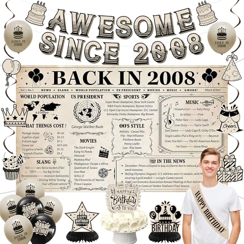 Holkcog 18th Birthday Decorations Kit for Boys, Vintage 25PCS Back In 2008 Backdrop Decor, Banner Cake Topper、Balloons for 18th Boys Girls, Awesome Since 2008 Party Supplies, 18 Year Old Girls Gifts