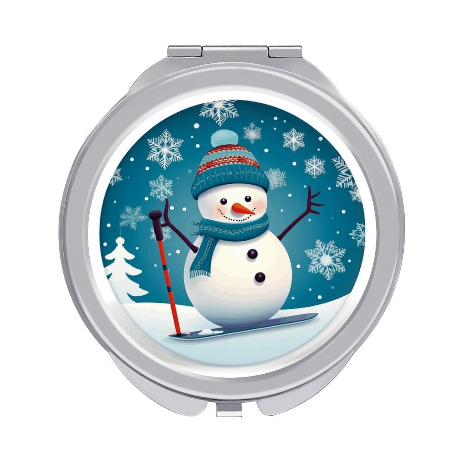 FekiLoot Lovely Christmas Cartoon Skiing Snowman Snowflake Travel Makeup Mirror 2 X /1 X Magnifying Slim Pocket Mirrors Compact for Purse Travel Makeup Mirrors for Pocket, Handbag, Purse Women Gift