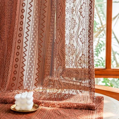 Image of MYSKY HOME Lace Boho French Door Curtains 40 inch Long 2 Panels Sheer Floral Curtains for Door Window Scalloped Doorway Sidelight Curtains Come with 2 Matching Tie-Backs, 26 inch W Each Panel, Terracotta