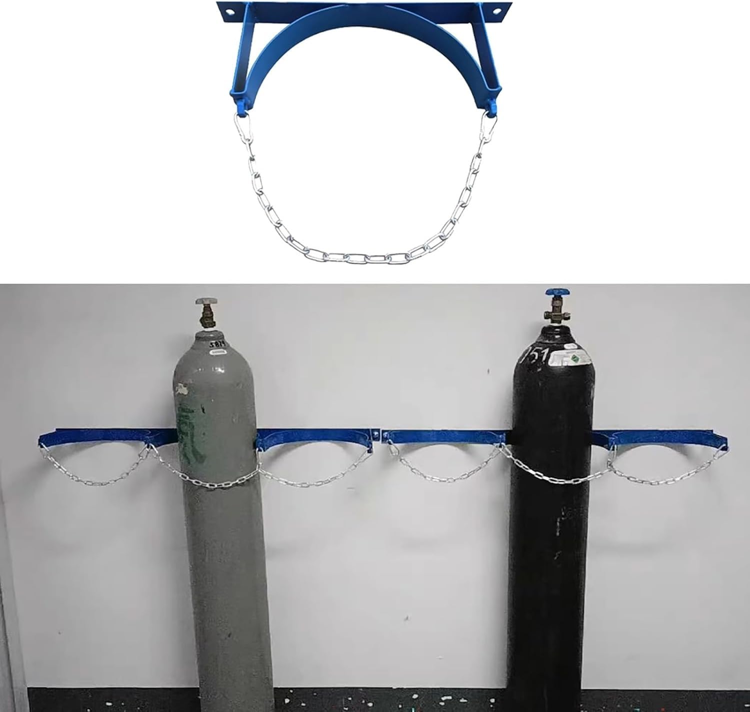 Soporte de Pared para bombonas de oxígeno - Soporte Resistente para Tanques de Gas con Cadenas de Seguridad para bombonas de O2, nitrógeno y acetileno - Perforado previamente para una fácil