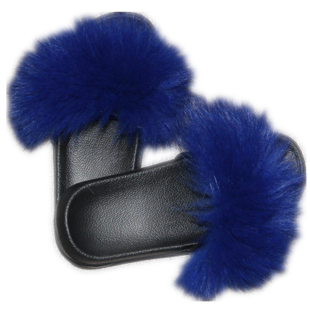 Women Real Fox Fur Feather Vegan Leather Open Toe Single Strap Slip On Sandals Multicolor (8, Dark Blue)