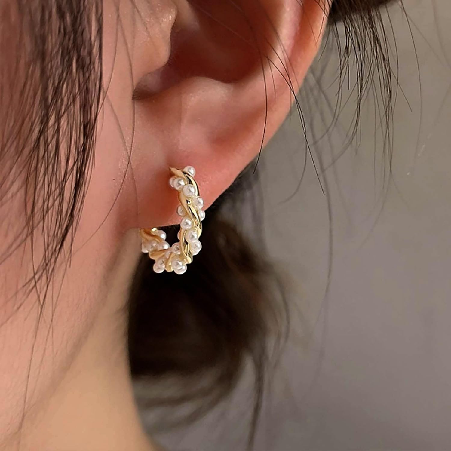 Pearl Hoop Earrings Gold Pearl Huggie Hoop Earrings Boho Pearl Twist Hoop Earrings Vintage Pearl Bridal Earrings Wedding Pearl Earrings Jewelry for Women - Image 2