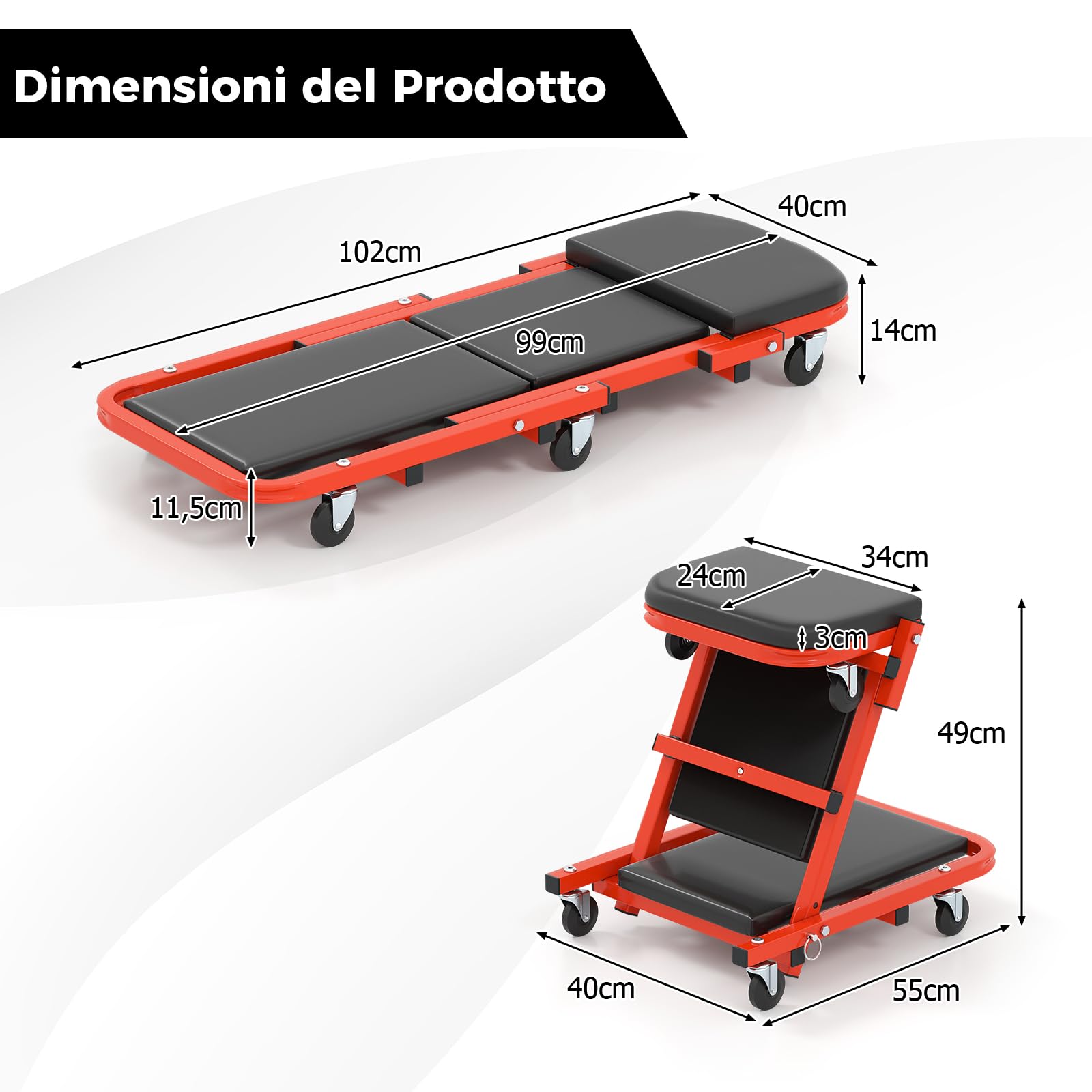 COSTWAY 2 in 1 Sgabello da Officina a Forma di Z, Carrello Meccanico sotto Auto con Sedile Imbottito e Ruote Girevoli a 360°, Portata 160 kg, per Garage e Officina (Nero)