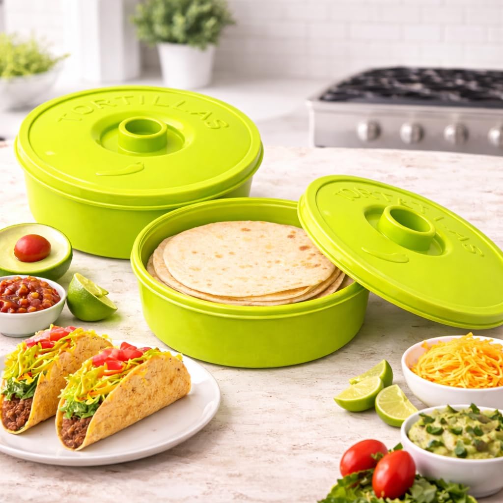 Dependable Industries inc. Essentials 2-Pack Tortilla Warmer Containers with Lid, 8.5 Inch BPA-Free Microwave Safe Insulated Holders for Tortillas Pancakes Flatbread