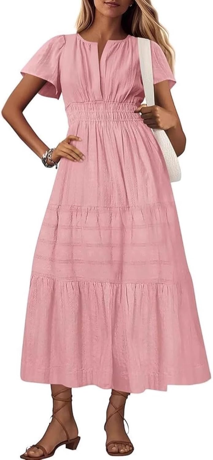 Aoleaky Women's V Neck Tiered Midi Dress, Casual Layered Short Sleeve Dress
